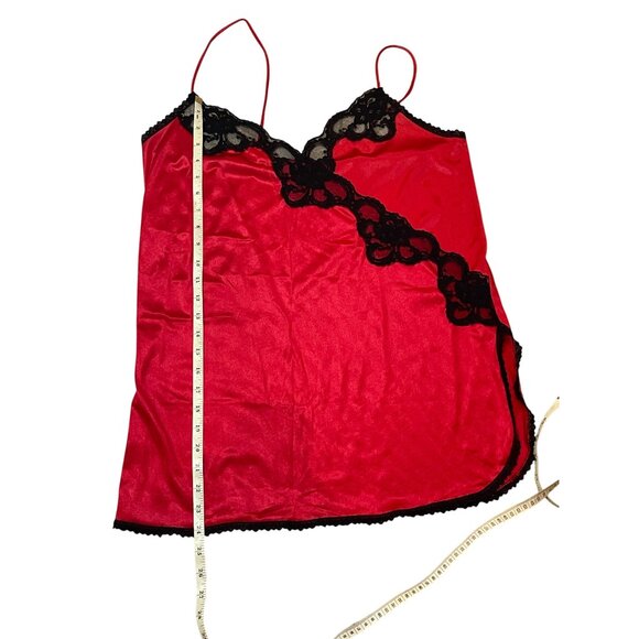 Vintage Red & Black Lace Trim Satin Chemise Nightgown Size Large - Picture 10 of 14